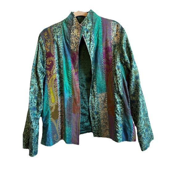 Kimono Patchwork Reversible Art Floral Cardigan Jacket Green Purple Shiny VTG - Picture 1 of 16